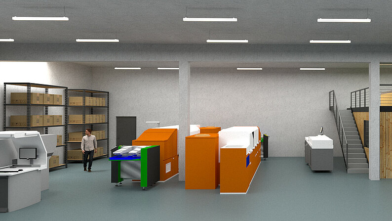 Illustration des Hallen Inneren als Druckerei der geplanten Gewerbehalle MH90 in Marienheide-Griemeringhausen