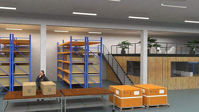Illustration des Hallen Inneren als Lager der geplanten Gewerbehalle MH90 in Marienheide-Griemeringhausen